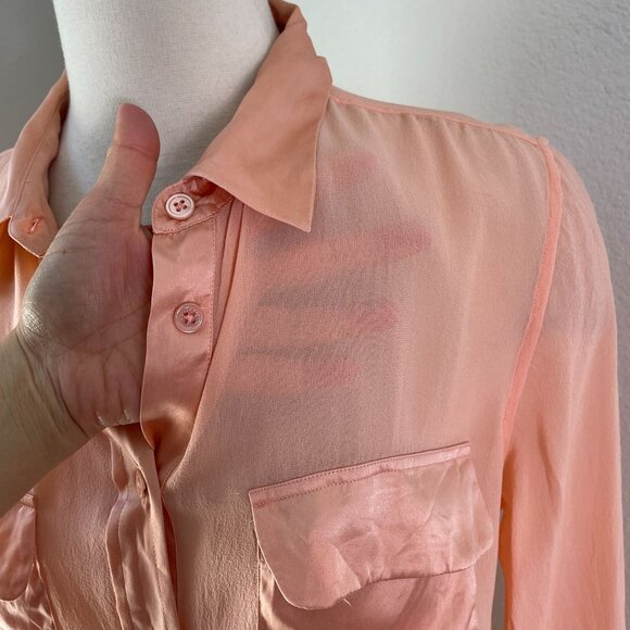 Equipment Femme Womens Large Peach 100% Silk Button Up Sheer Blouse Shirt - Picture 6 of 10
